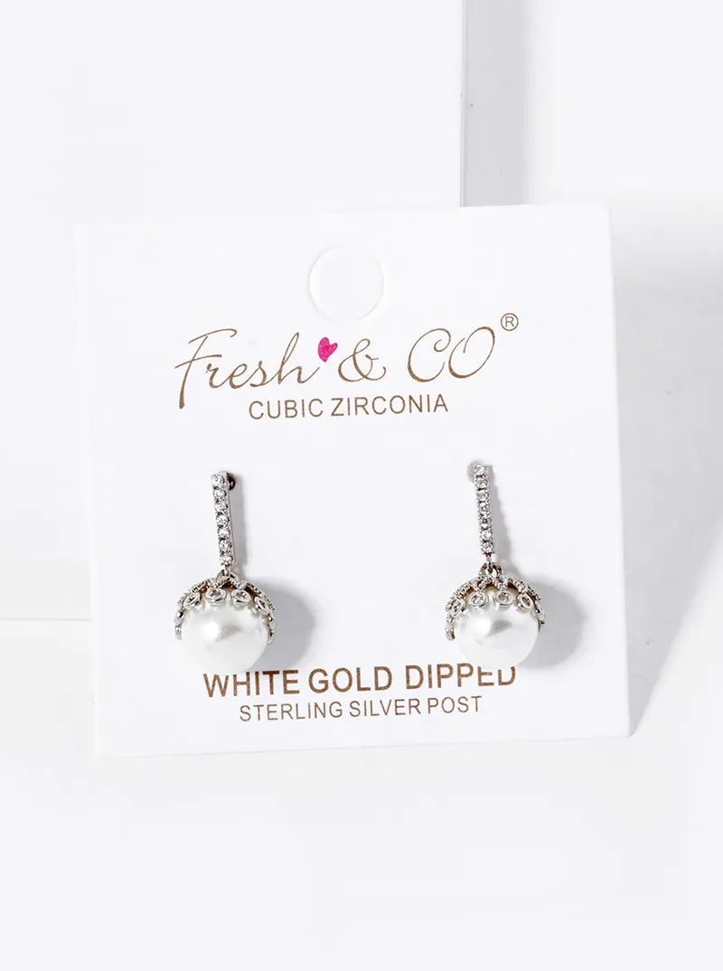 White Gold Dipped 8mm Pearl Bead Drop CZ Pave Bar Post Earrings