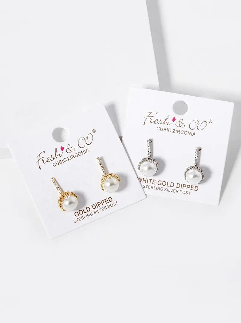 White Gold Dipped 8mm Pearl Bead Drop CZ Pave Bar Post Earrings
