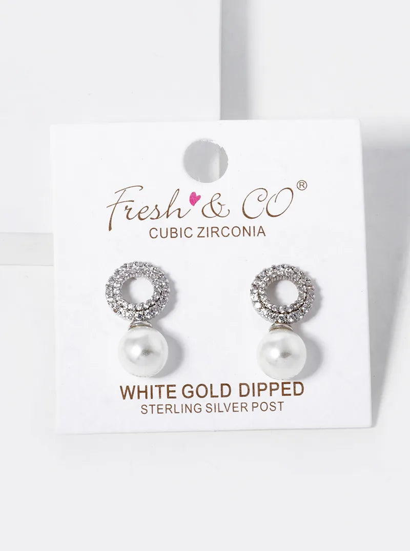 White Gold Dipped 8mm Pearl Drop CZ Pave Circle Stud Earrings