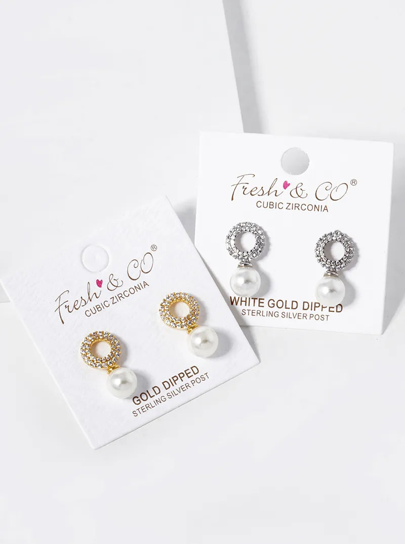 White Gold Dipped 8mm Pearl Drop CZ Pave Circle Stud Earrings