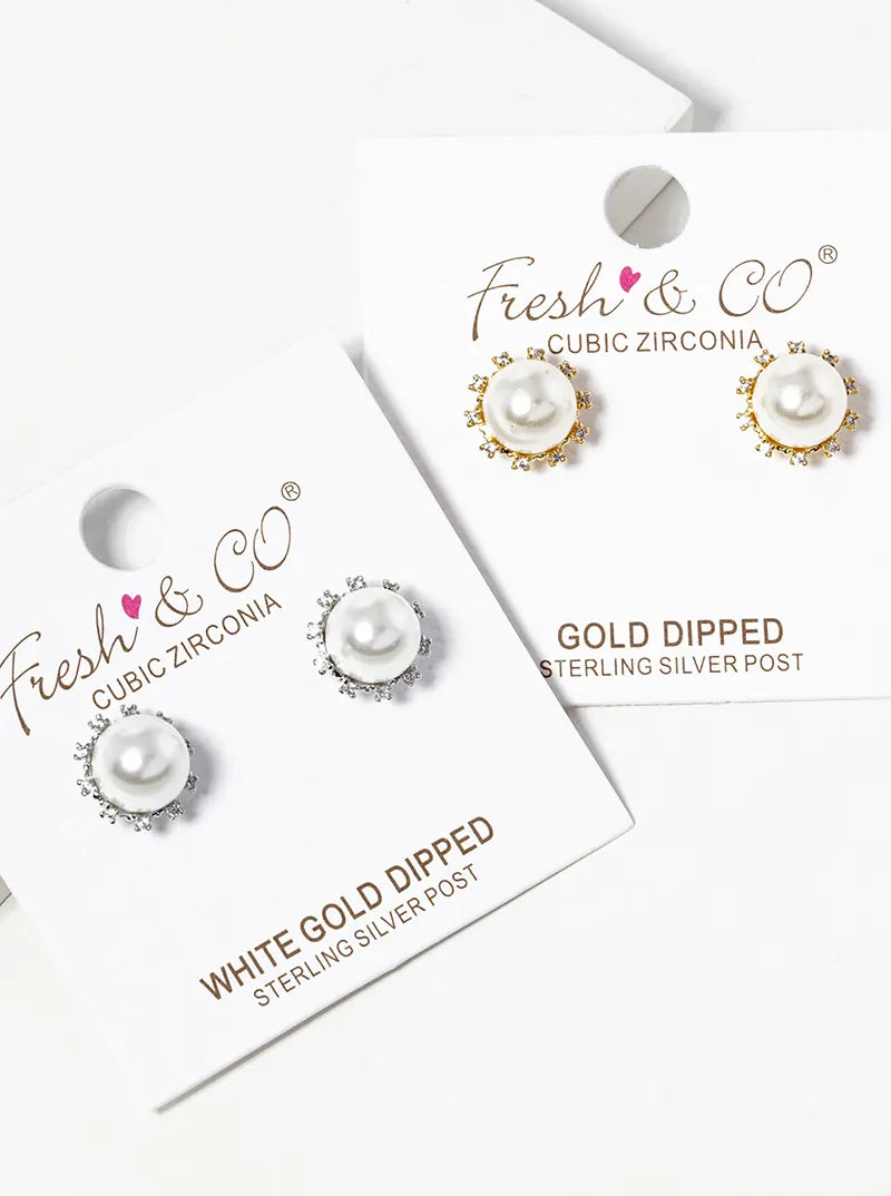White Gold Dipped 8mm Pearl With CZ Stones Post Stud Earrings