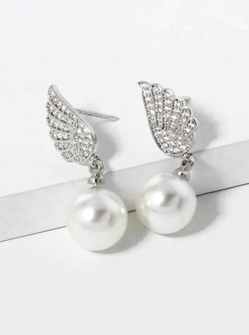 White Gold Dipped 9mm Pearl Bead Drop CZ Pave Angel Wing Post Earrings