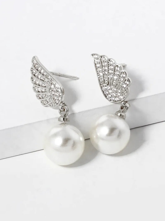 White Gold Dipped 9mm Pearl Bead Drop CZ Pave Angel Wing Post Earrings