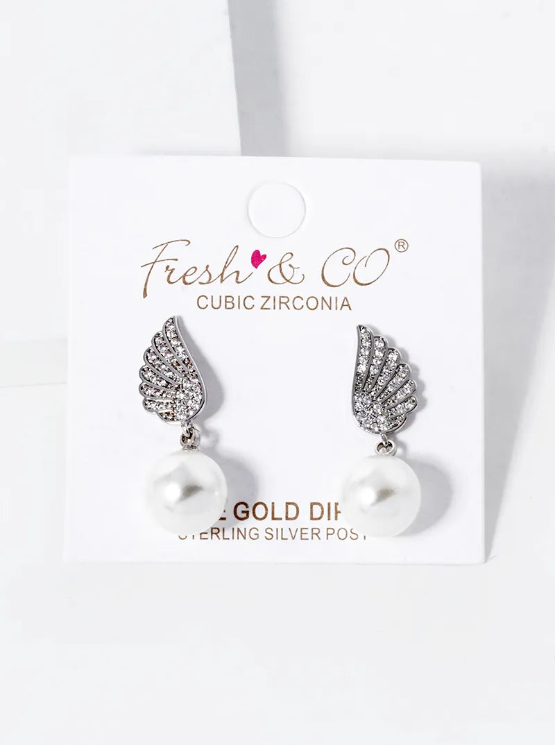 White Gold Dipped 9mm Pearl Bead Drop CZ Pave Angel Wing Post Earrings