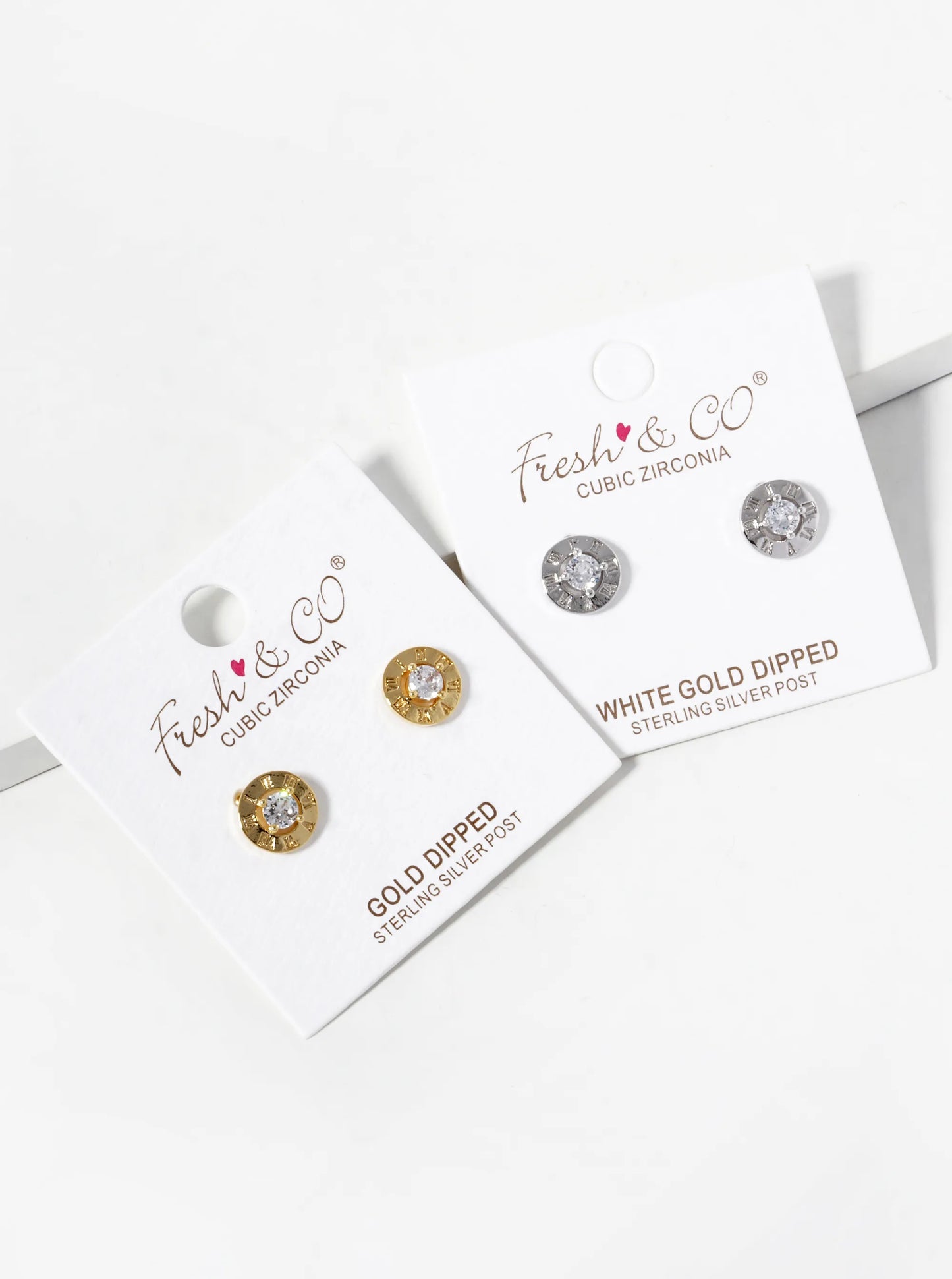White Gold Dipped 9mm Roman Numerals Engraved CZ Stud Earrings
