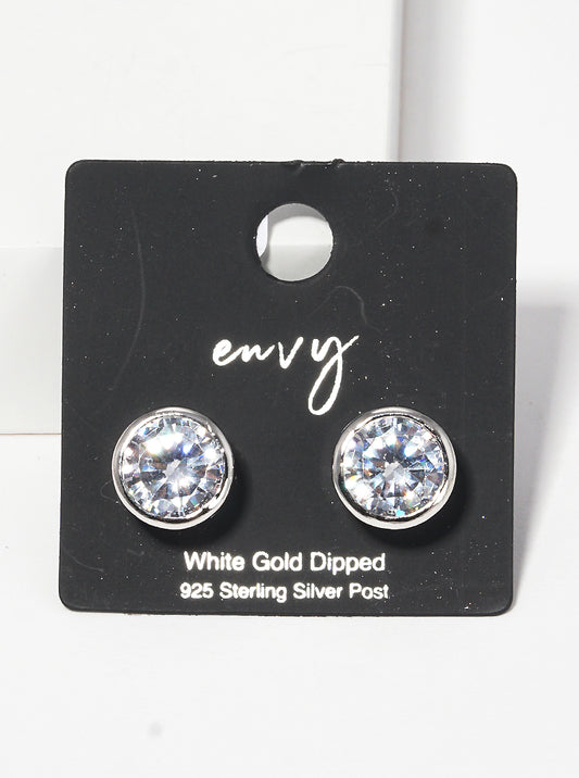 White Gold Dipped 9mm Round Bezel CZ Sterling Silver Post Stud Earrings