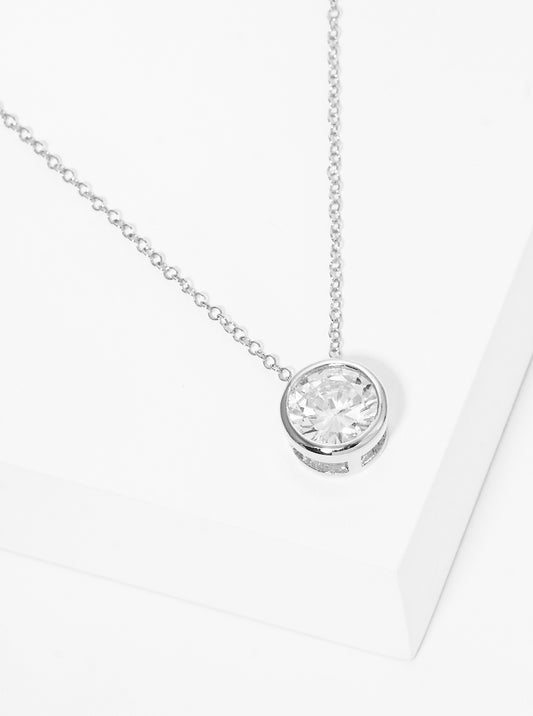 White Gold Dipped 9mm Round Bezel CZ Stone Pendant Brass Necklace