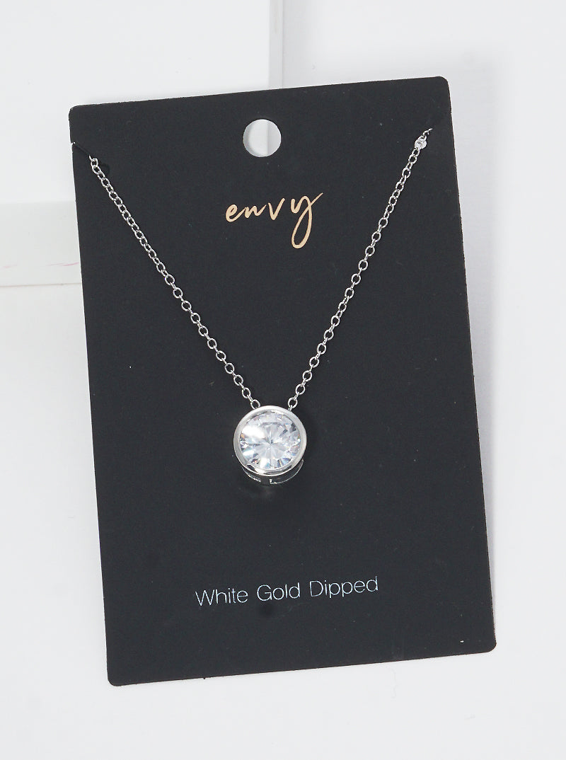 White Gold Dipped 9mm Round Bezel CZ Stone Pendant Brass Necklace