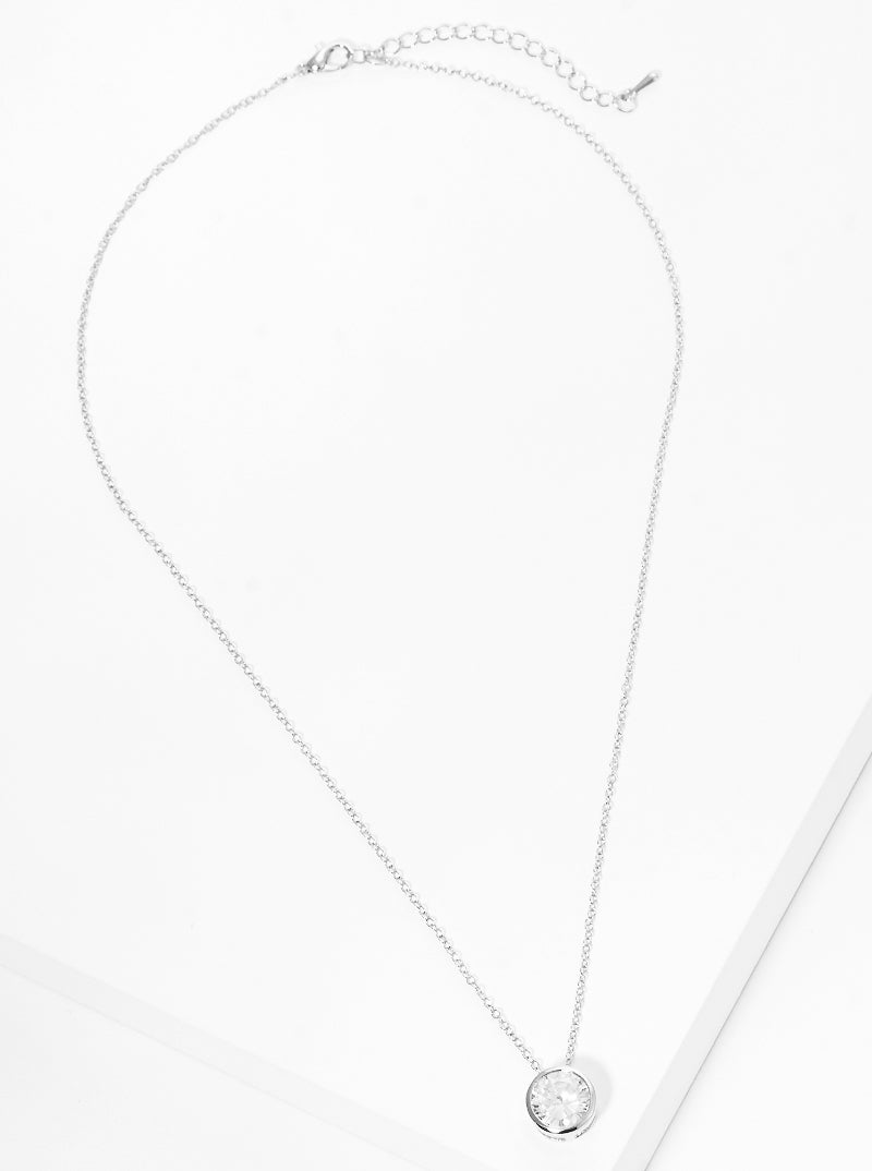 White Gold Dipped 9mm Round Bezel CZ Stone Pendant Brass Necklace