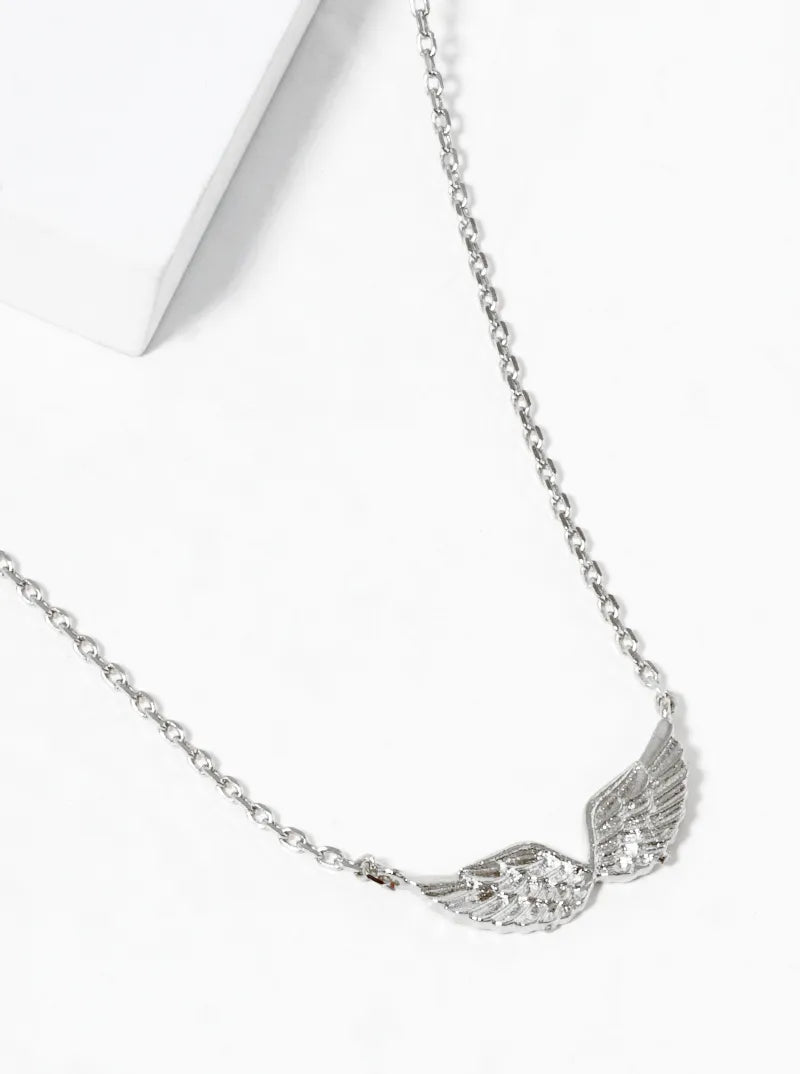 White Gold Dipped Angel Wing Pendant Dainty Necklace