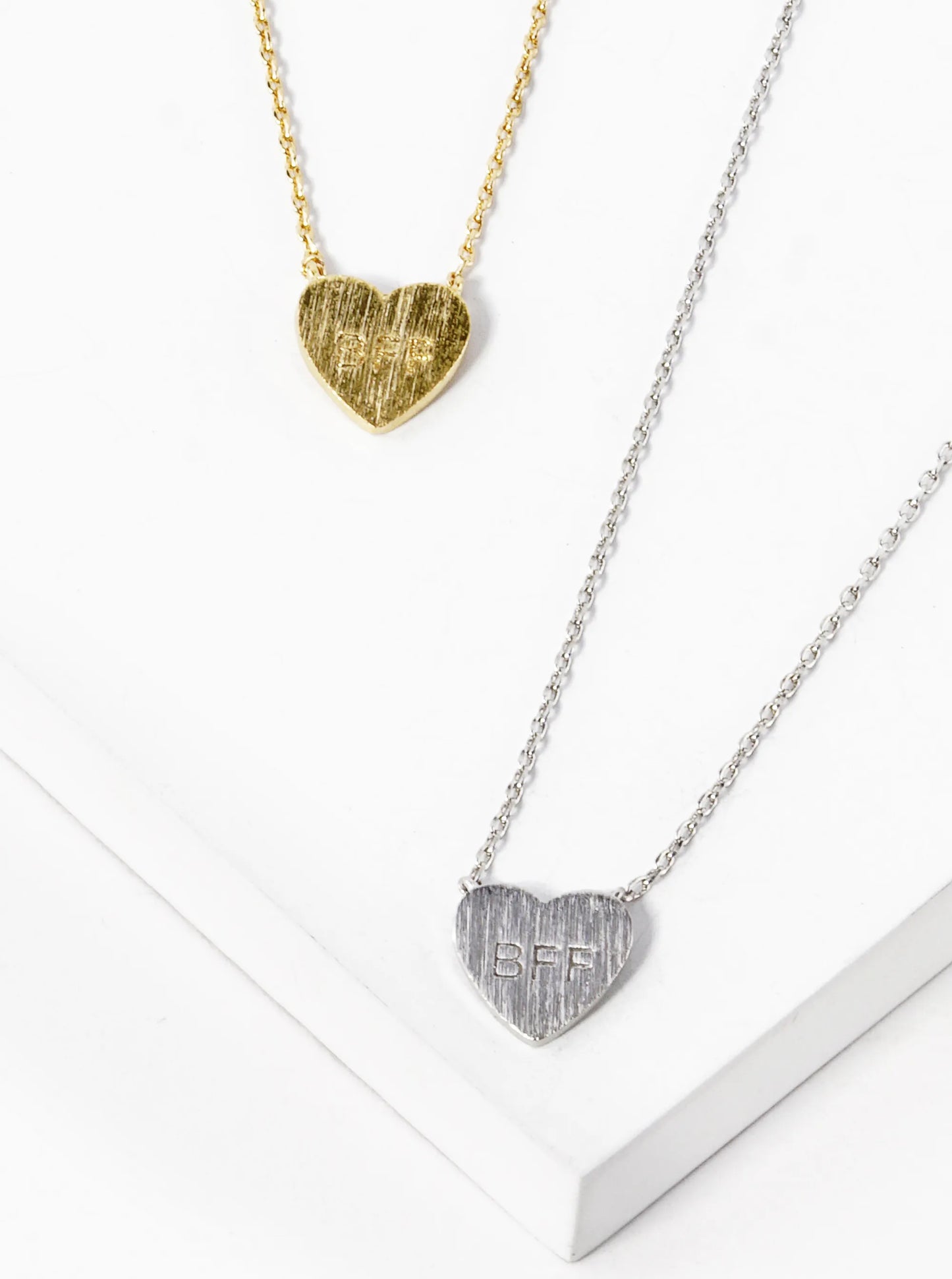 White Gold Dipped BFF Engraved Brushed Metal Heart Pendant Necklace