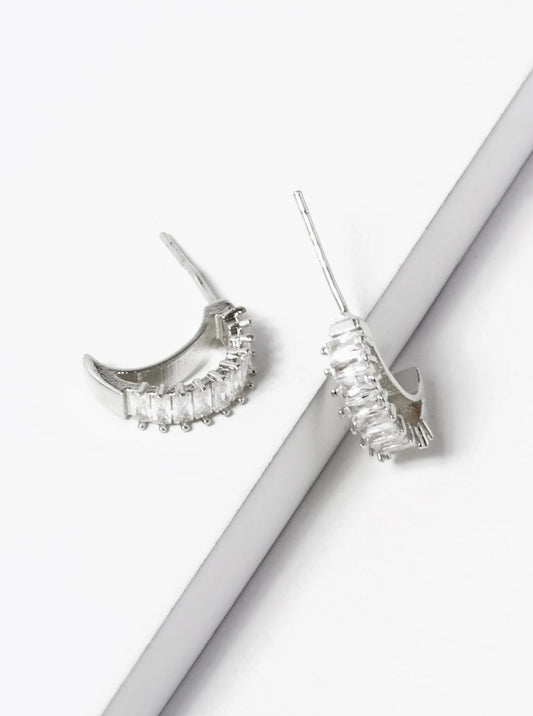 White Gold Dipped Baguette CZ 13mm Crescent Moon Hoop Earrings
