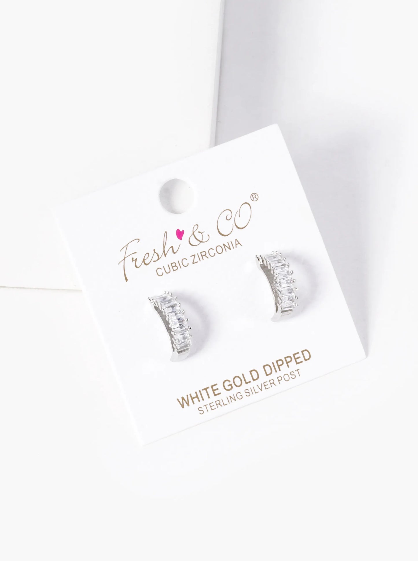 White Gold Dipped Baguette CZ 13mm Crescent Moon Hoop Earrings