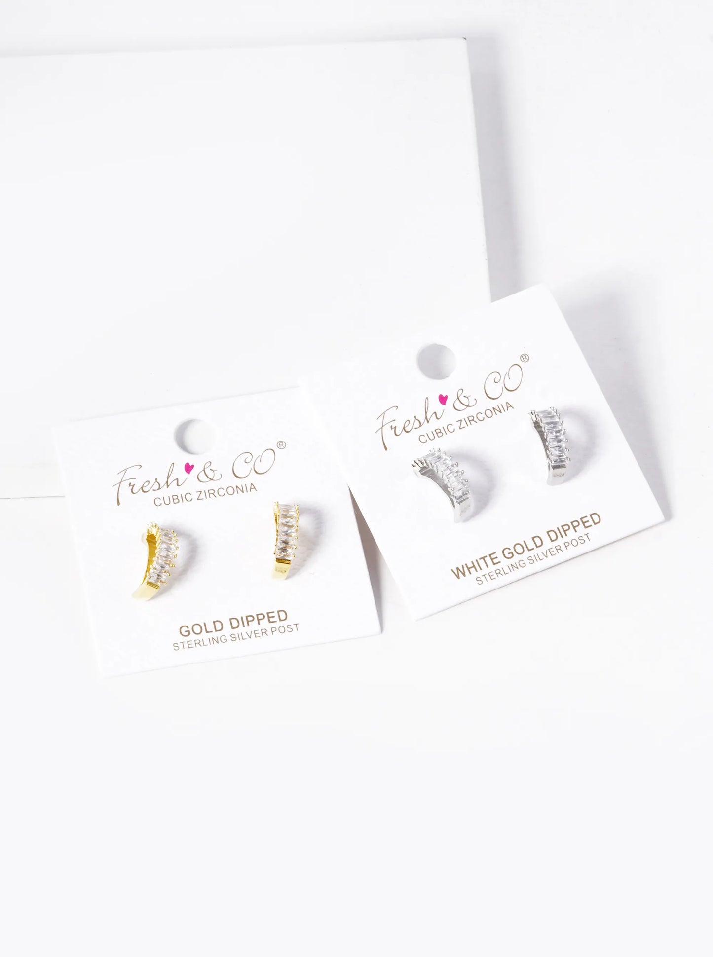 White Gold Dipped Baguette CZ 13mm Crescent Moon Hoop Earrings