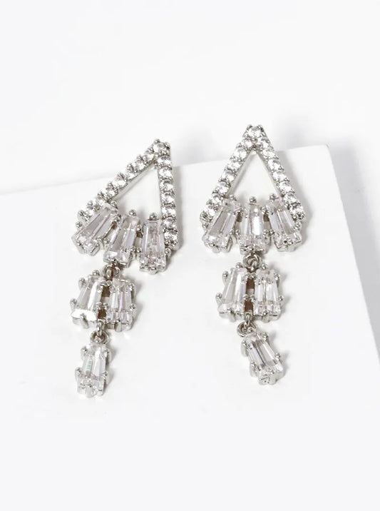 White Gold Dipped Baguette CZ Bar Drop Triangle Post Earrings