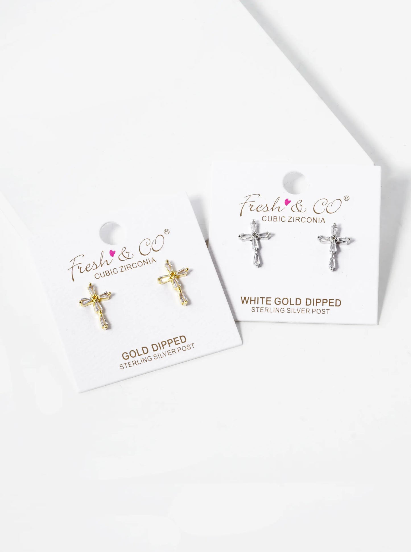 White Gold Dipped Baguette CZ Cross Stud Earrings