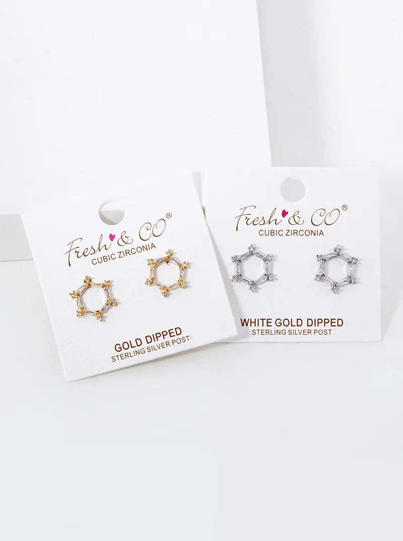 White Gold Dipped Baguette CZ Hexagon Stud Earrings