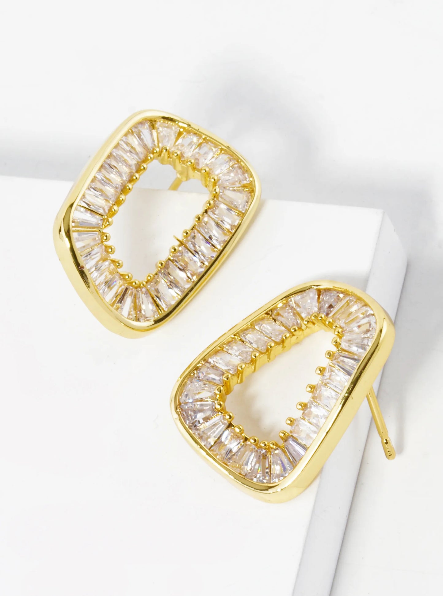 White Gold Dipped Baguette CZ Pave Wavy Rectangle Shape Stud Earrings
