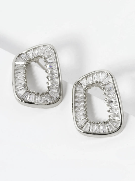 White Gold Dipped Baguette CZ Pave Wavy Rectangle Shape Stud Earrings