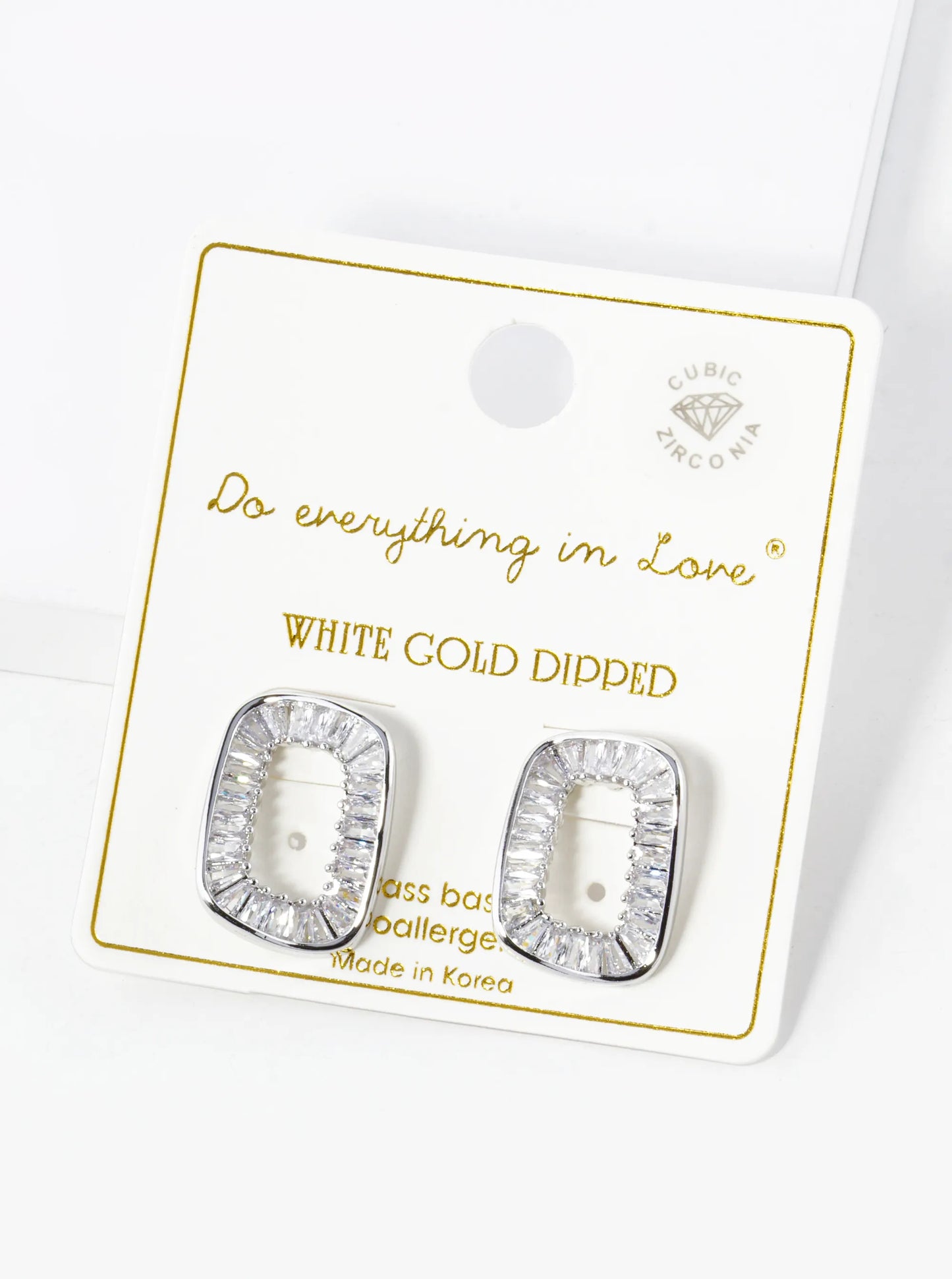 White Gold Dipped Baguette CZ Pave Wavy Rectangle Shape Stud Earrings