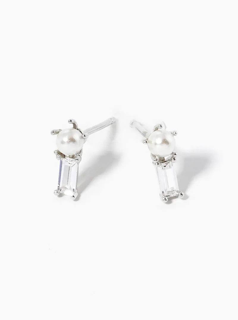 White Gold Dipped Baguette CZ And Pearl Post Stud Earrings