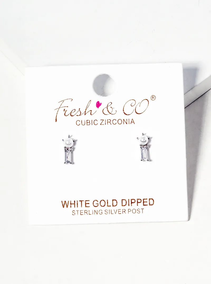 White Gold Dipped Baguette CZ And Pearl Post Stud Earrings