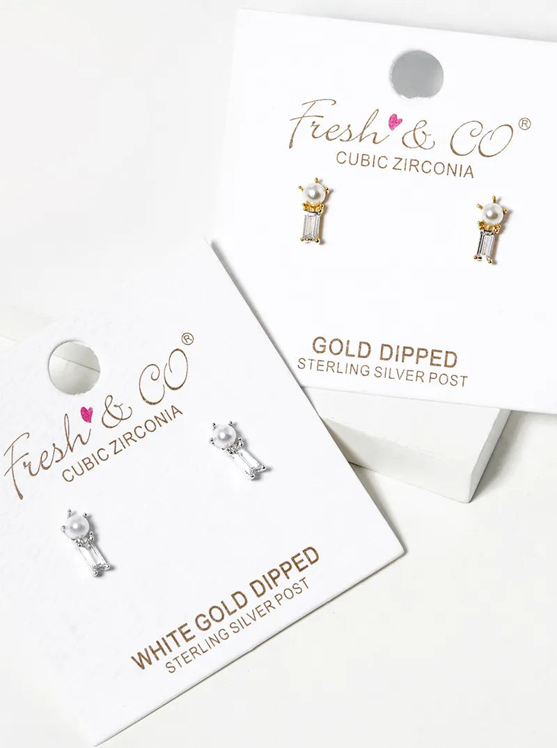 White Gold Dipped Baguette CZ And Pearl Post Stud Earrings