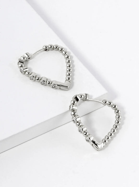 White Gold Dipped Ball Textured CZ Stone 25mm Heart Hoop Earrings