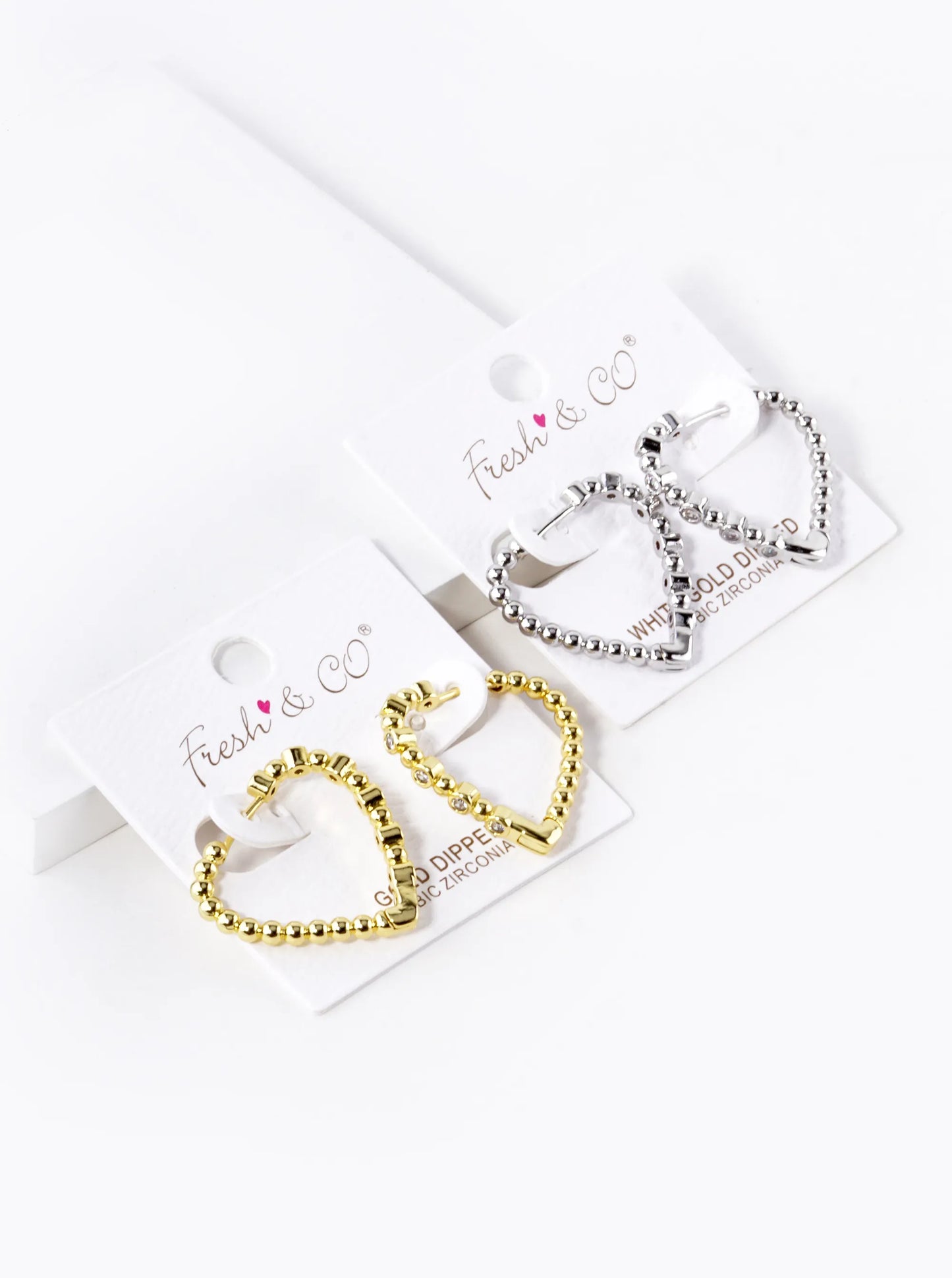 White Gold Dipped Ball Textured CZ Stone 25mm Heart Hoop Earrings