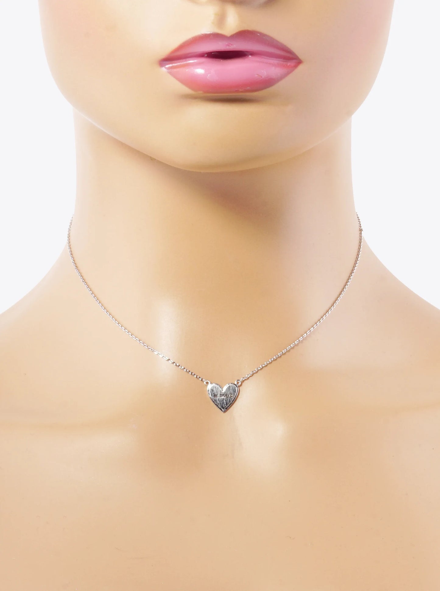 White Gold Dipped Be Brave Engraved 10mm Heart Pendant Necklace