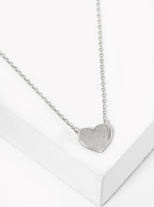 White Gold Dipped Brushed 9mm Brass Heart Pendant Necklace