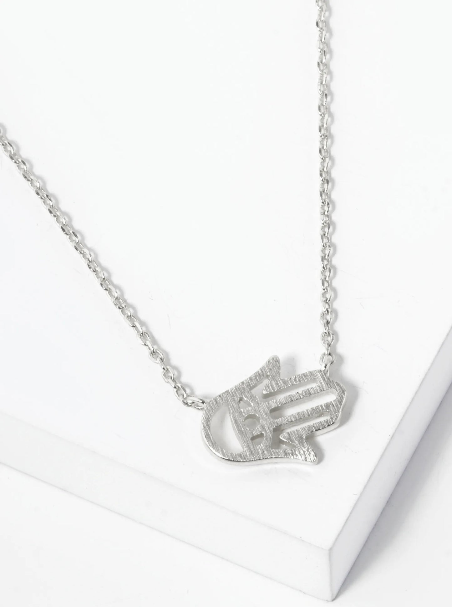 White Gold Dipped Brushed Brass Hamsa Pendant Necklace