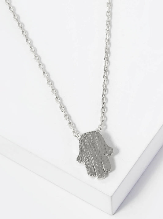 White Gold Dipped Brushed Brass Hamsa Pendant Necklace