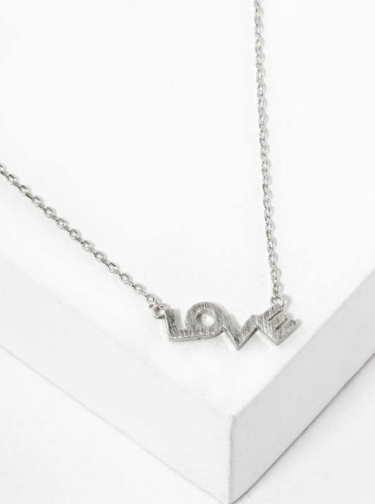 White Gold Dipped Brushed Brass Love Pendant Necklace