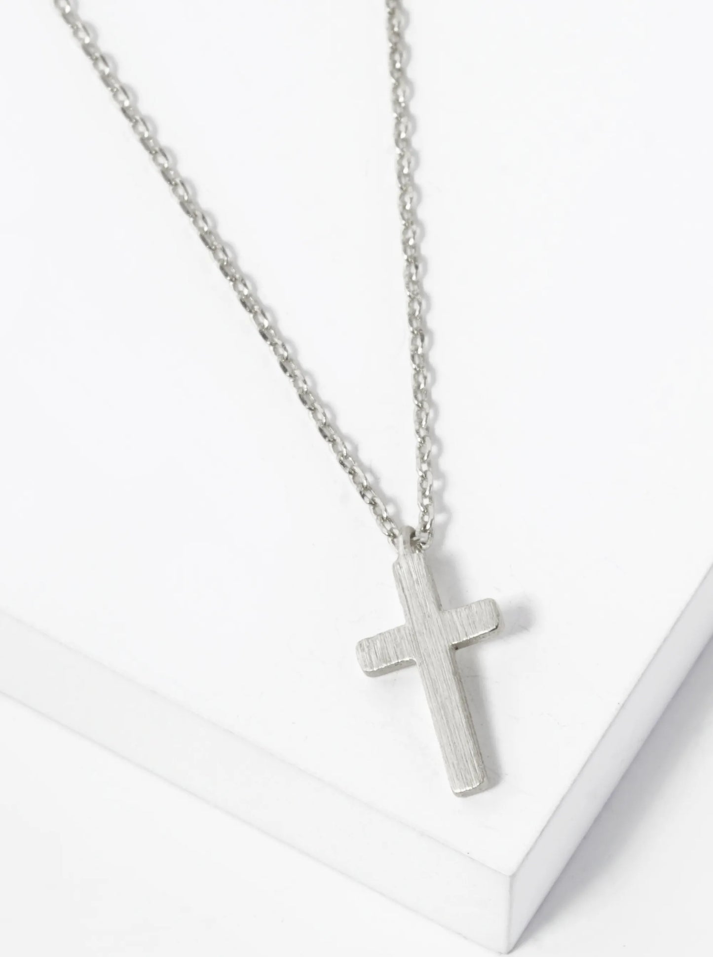 White Gold Dipped Brushed Cross Pendant Necklace