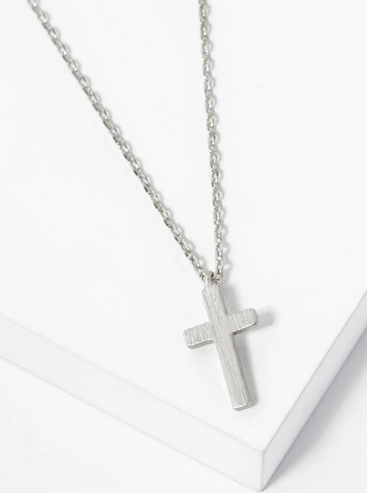 White Gold Dipped Brushed Cross Pendant Necklace