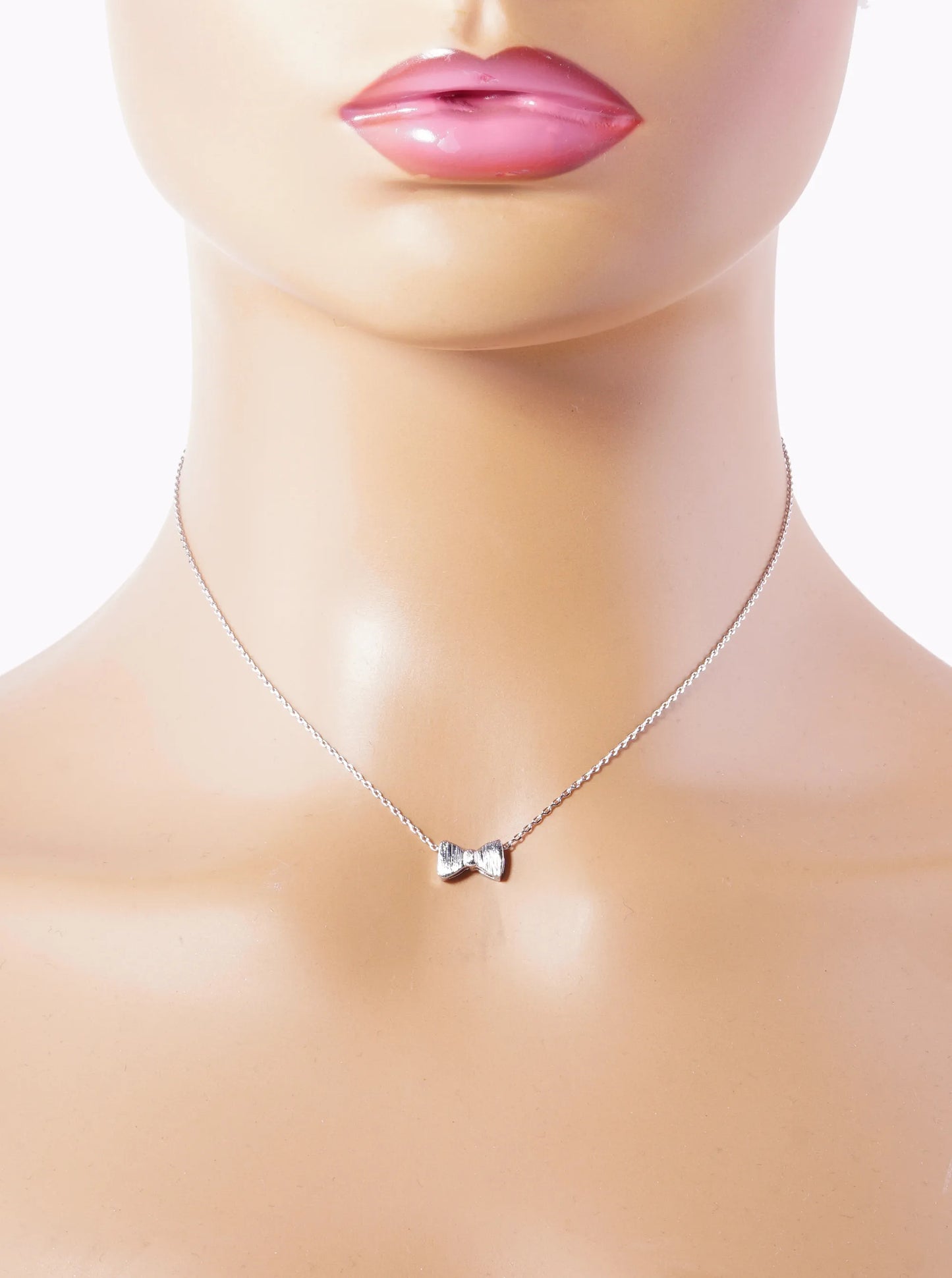 White Gold Dipped Brushed Metal Ribbon Bow Pendant Necklace