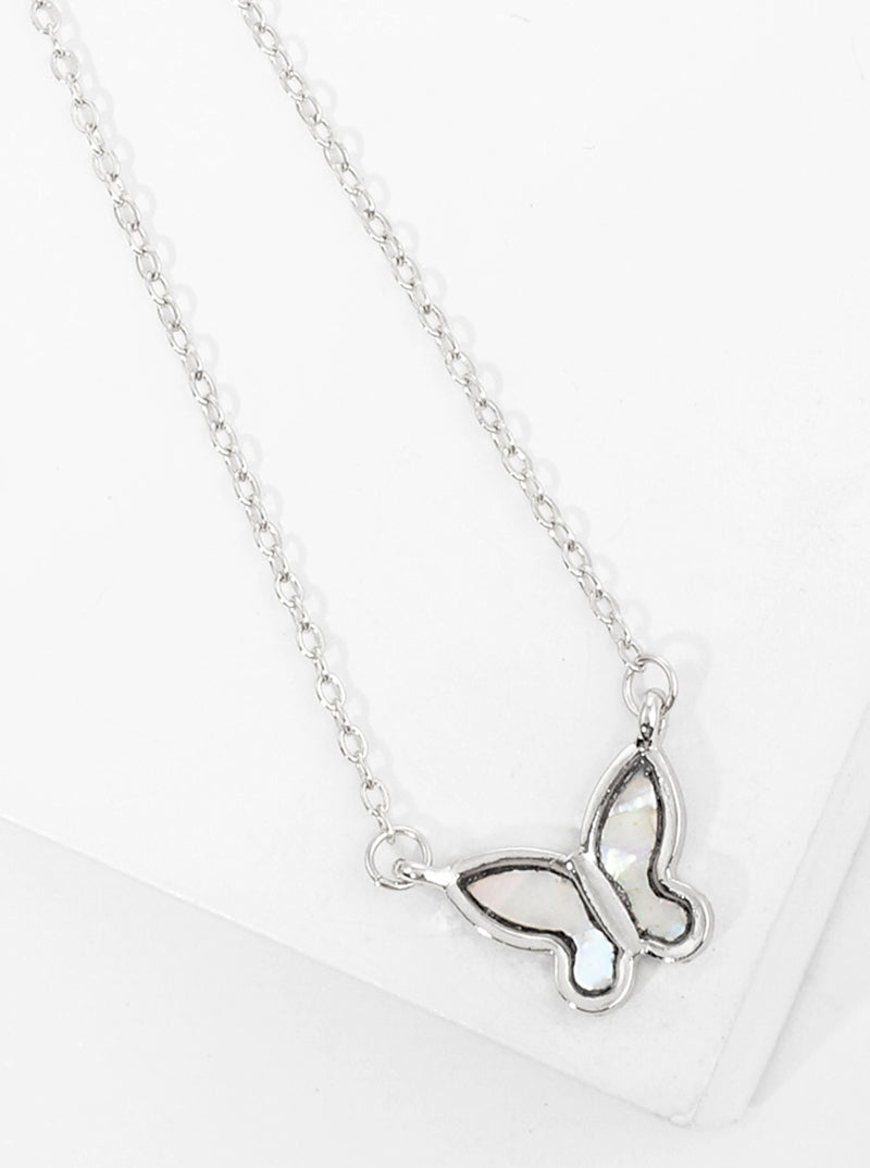 White Gold Dipped Butterfly Mother Of Pearl Pendant Necklace