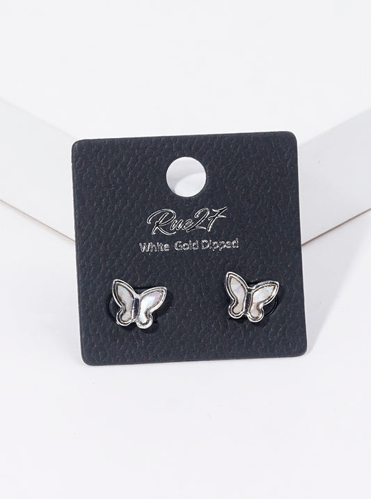 White Gold Dipped Butterfly Mother Of Pearl Stud Earrings