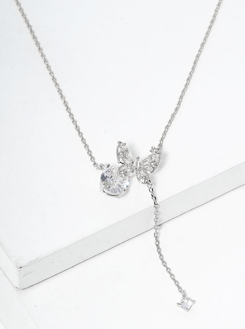 White Gold Dipped CZ Pave Ribbon Bow Pendant Necklace