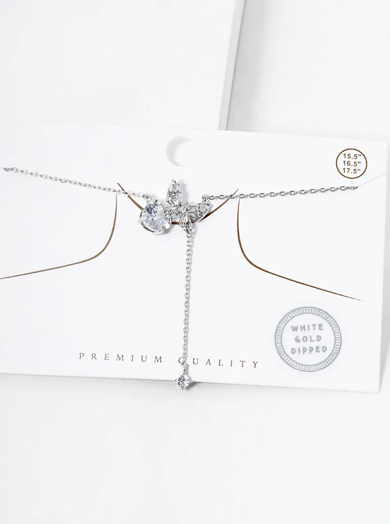 White Gold Dipped CZ Butterfly Chain Drop Pendant Necklace