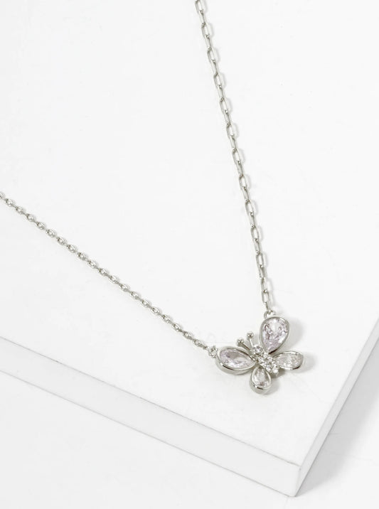 White Gold Dipped CZ Butterfly Pendant Necklace