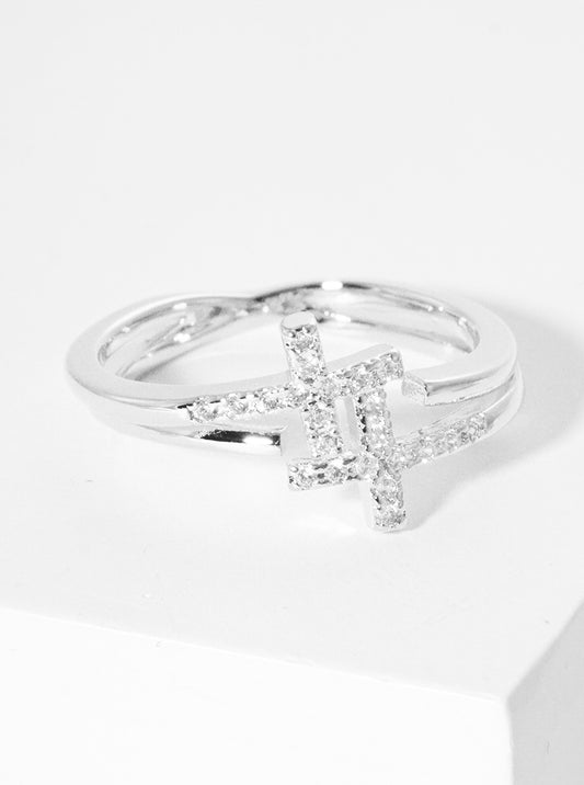 White Gold Dipped CZ Cross Adjustable Cuff Ring