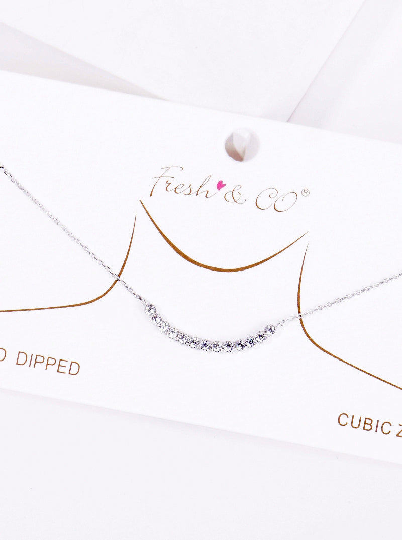 White Gold Dipped CZ Curved Bar Pendant Delicate Necklace