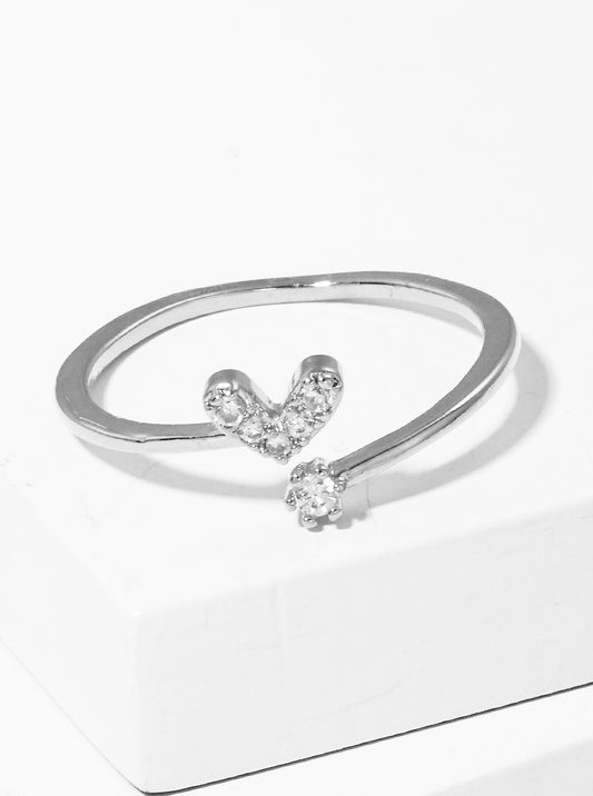 White Gold Dipped CZ Dainty Heart Adjustable Cuff Ring