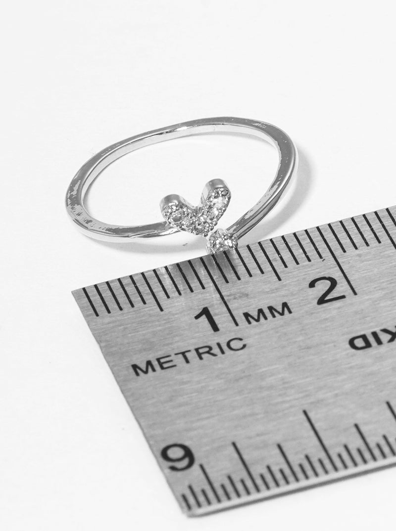 White Gold Dipped CZ Dainty Heart Adjustable Cuff Ring