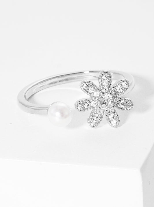 White Gold Dipped CZ Flower And Glass Pearl Adjustable Cuff Ring