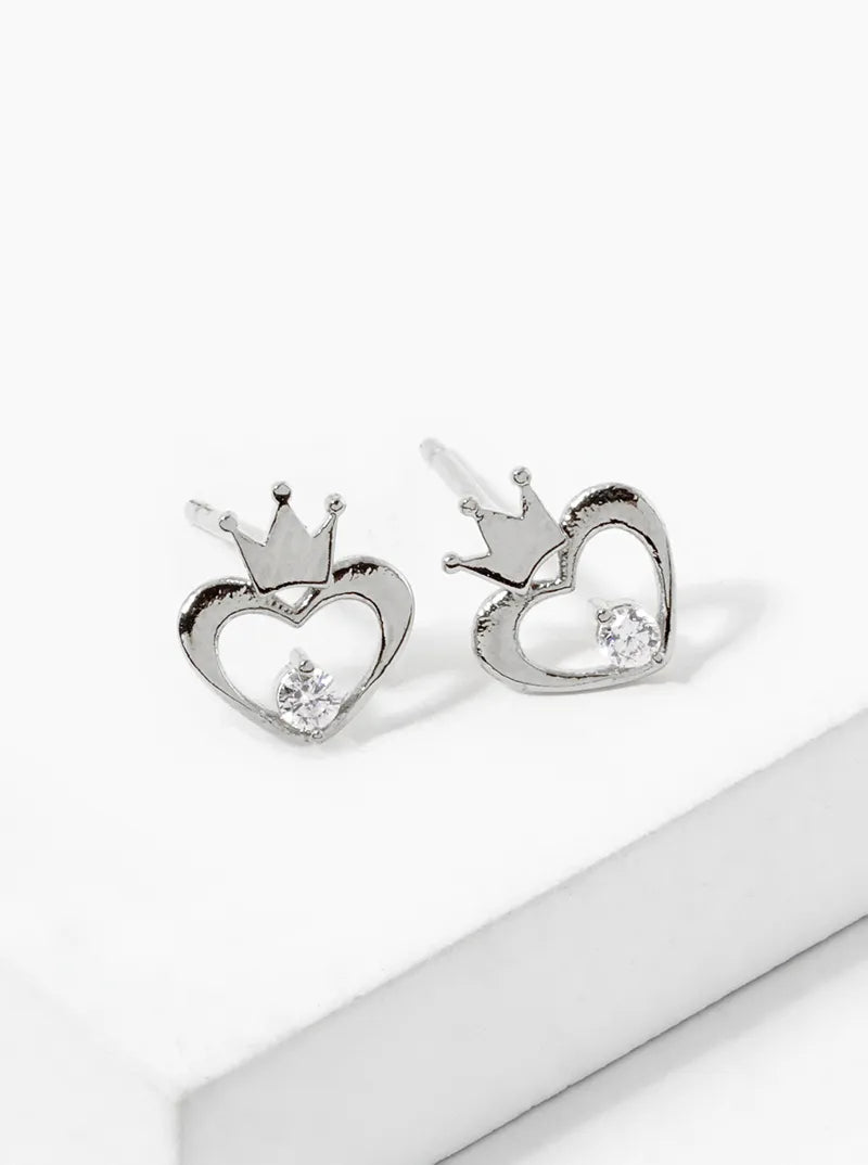 White Gold Dipped CZ Heart Crown Stud Earrings