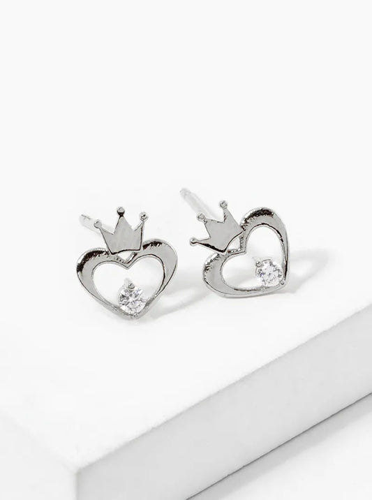White Gold Dipped CZ Heart Crown Stud Earrings