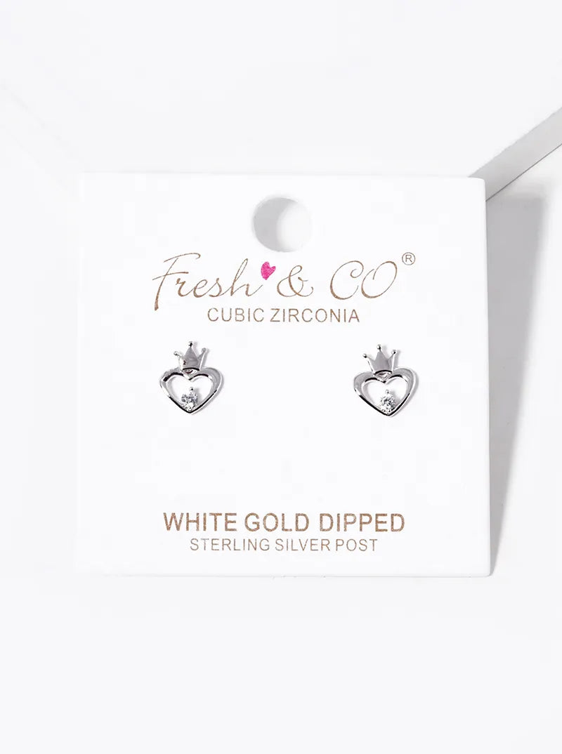 White Gold Dipped CZ Heart Crown Stud Earrings